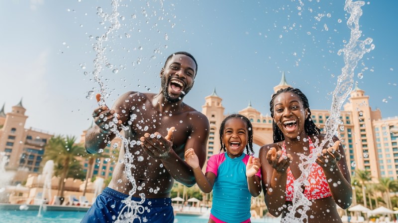 Family enjoying time together by a resort swimming pool.