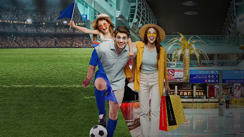 A joyful family in a soccer stadium and airport. The boy kicks a soccer ball. His sister waves a flag. The parents smile, holding shopping bags. The mood is upbeat.