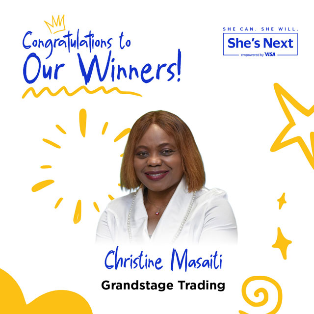 Congratulations banner for She's Next by Visa featuring a smiling woman. Text reads "Congratulations to Our Winners! Christine Masaiti, Grandstage Trading." Playful yellow accents surround the image.